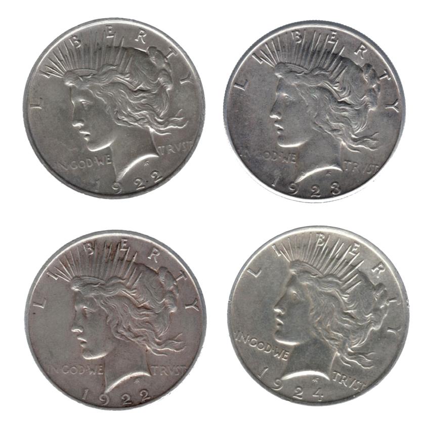 740   -  MONEDAS EXTRANJERAS. ESTADOS UNIDOS DE AMÉRICA. Lote de 4 monedas de 1 dólar: 1922 (2), 1923-S y 1924. MBC+/EBC-.