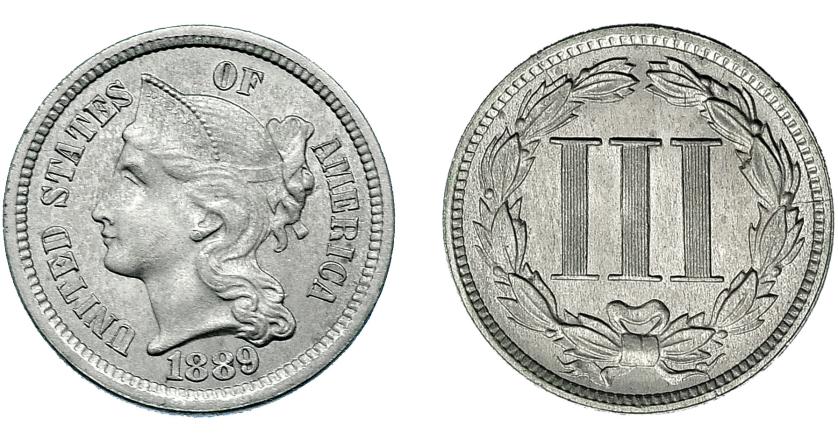741   -  MONEDAS EXTRANJERAS. ESTADOS UNIDOS DE AMÉRICA. 3 centavos. 1889. NGC-MS 65.