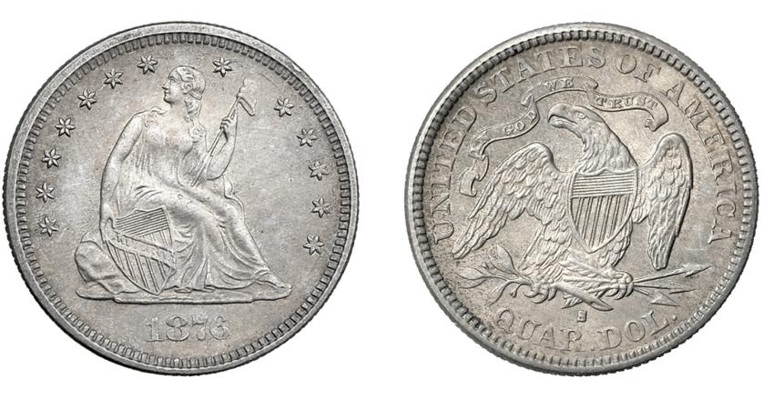 743   -  MONEDAS EXTRANJERAS. ESTADOS UNIDOS DE AMÉRICA. 25 centavos. 1876 S. NGC-MS 62.