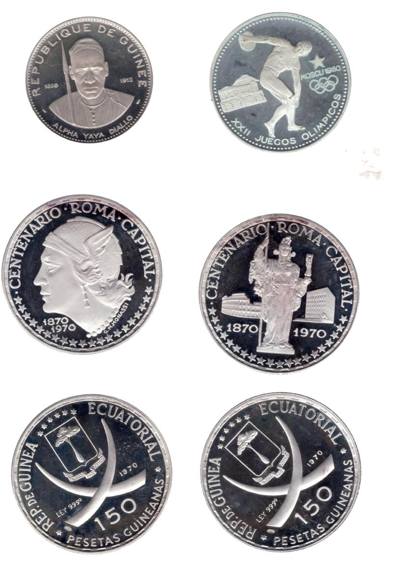 753   -  MONEDAS EXTRANJERAS. GUINEA ECUATORIAL y GUINEA CONAKRI. Lote de 6 monedas: 250 francos de 1969 (Guinea Conacri); 150 pesetas guineanas de 1970 (4); y 2000 ekueles de 1980. Prueba.