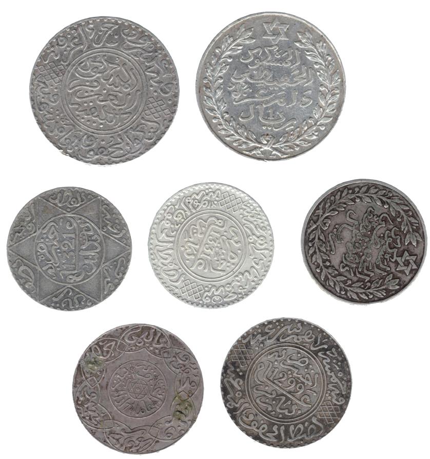 762   -  MONEDAS EXTRANJERAS. MARRUECOS. Lote de 7 monedas: 10 dirhams (2: 1902 y 1911) y 5 dirhams (5: 1892, 1900, 1904, 1911, 1913). MBC-/EBC.