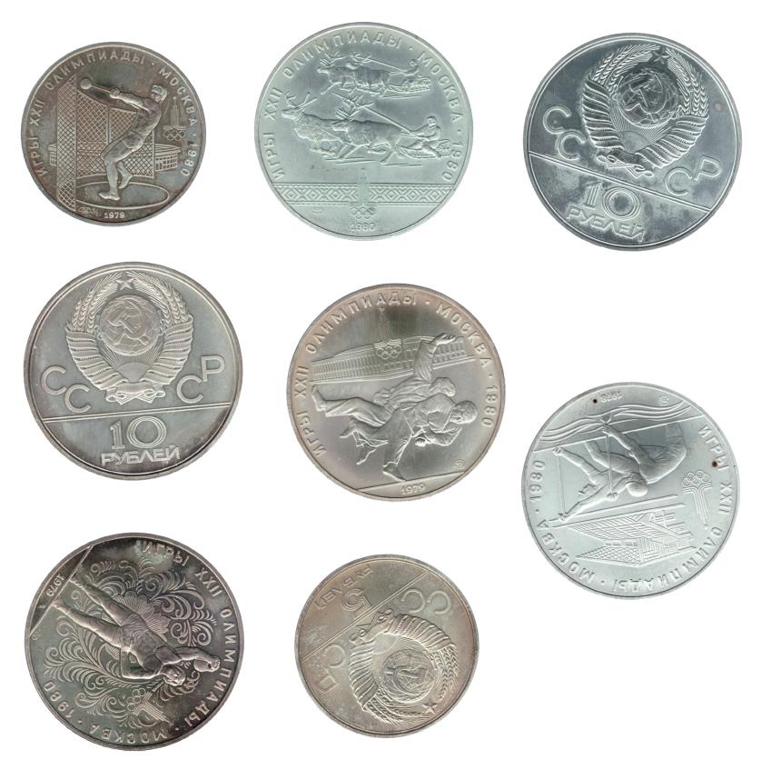 769   -  MONEDAS EXTRANJERAS. RUSIA. Lote de 8 monedas de 10 rublos (6) y 5 rublos (2), celebrando los Juegos Olímpicos. SC.