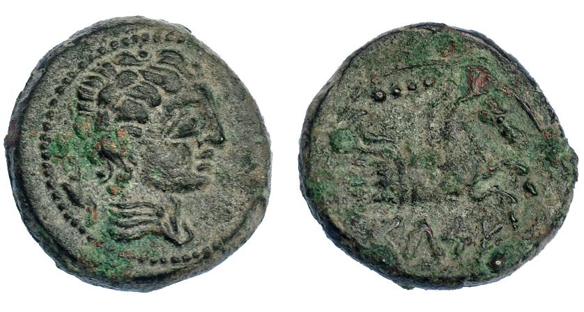 78   -  HISPANIA ANTIGUA. KELSE. Cuadrante. A/ Cabeza masculina con cuello vestido a der. R/ Prótomo de Pegaso a der., encima 4 glóbulos, debajo KeLSE sobre línea. AE 4,82 g. 17,5 mm. I-791. ACIP-1487. MBC+/MBC. Rara.