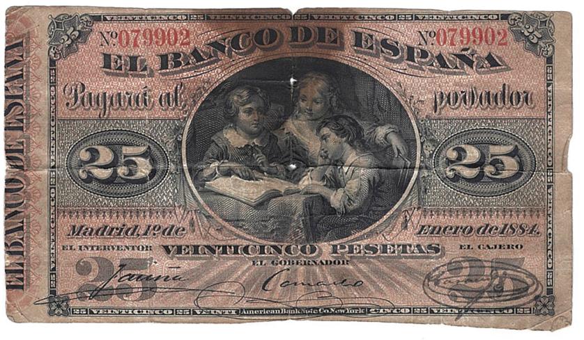 781   -  BILLETES ESPAÑOLES. 25 Pts. 1-1881. ED-B66. Sin manipular. Doblado en ocho. Manda y pequeñas roturas. MARIA a plumilla en rev. BC. Raro.