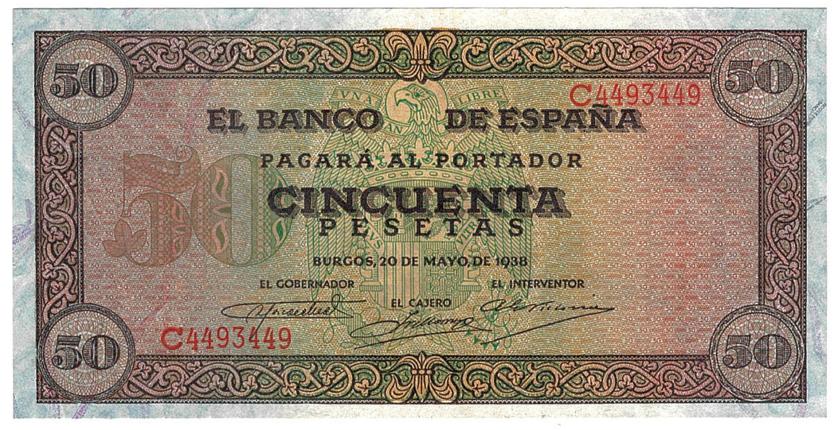782   -  BILLETES ESPAÑOLES. Banco de España en Burgos. 50 pesetas. 5-1938. Serie C. ED-D32a . Con todo el apresto. Ligera arruga en la esquina superior derecha. SC.