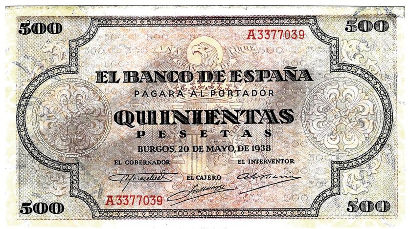 783   -  BILLETES ESPAÑOLES. Banco de España en Burgos. 500 pesetas. 5-1938. Serie A. ED-D34 . Ligera restauración. MBC+.