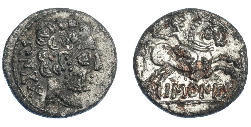 3005   -  HISPANIA ANTIGUA. BASKUNES. Denario forrado. A/ Cabeza masculina a der., detrás BeNKoTa. R/ Jinete con espada a der., debajo, sobre línea, BaSKuNES. AE 3,32 g. 18,8 mm. I-216. ACIP-1630 (sim.). MBC+. 