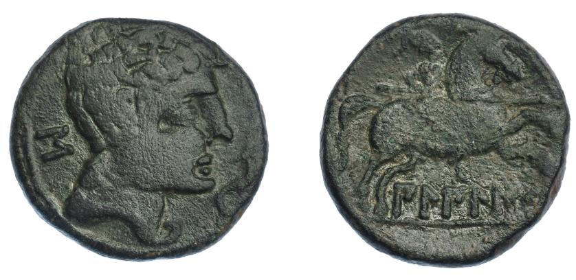 3009   -  HISPANIA ANTIGUA. BILBILIS. As. A/ Cabeza masculina a der., delante delfín, detrás signo ibérico S. R/ Jinete lancero a der., debajo, sobre línea, BiLBiLIS. AE 13,40 g. 26,8 mm. I-254. ACIP-1567. Pátina oscura. MBC-. Escasa.