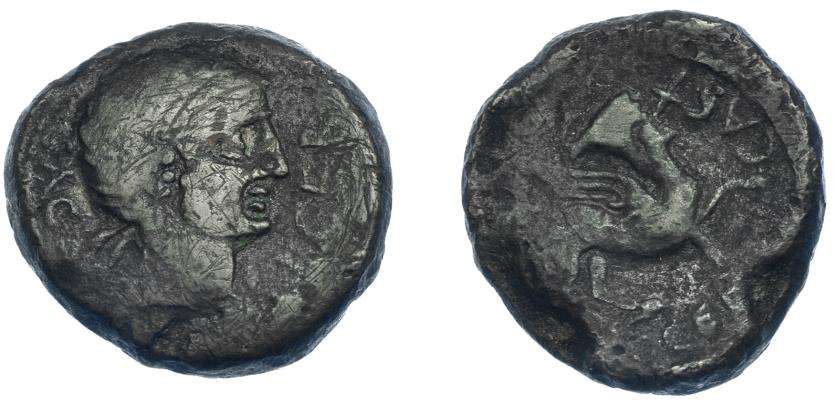 3032   -  HISPANIA ANTIGUA. CASTULO. As. A/ Cabeza masculina diademada a der. R/ Esfinge avanzando a der., delante CAST, en exergo (S)OCED. AE 17,88 g. 29,5 mm. I-709. ACIP-2118. Múltiples rayitas. BC+. Escasa.