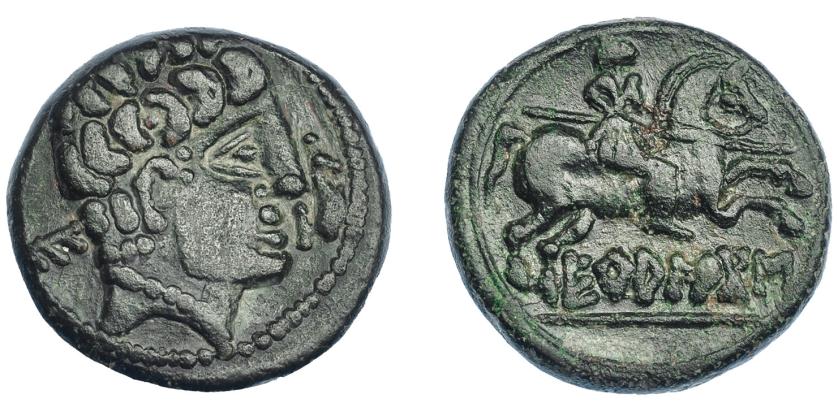 3053   -  HISPANIA ANTIGUA. EKUALAKOS. Unidad. A/ Cabeza masculina a der., delante delfín, detrás signo ibérico E. R/ Jinete lancero a der., debajo sobre línea EKuALAKoS. AE 12,39 g. 24,7 mm. I-969. ACIP-1847. Pátina oscura. MBc.