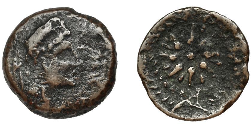 3056   -  HISPANIA ANTIGUA. MALAKA. Unidad. A/ Cabeza de Vulcano con bonete a der., detrás mlk' y tenazas. R/ Estrella de dieciséis puntas con glóbulo central. AE 5,5 g. 20,9 mm. I-1734. ACIP-803. BC-/BC+. Muy rara.