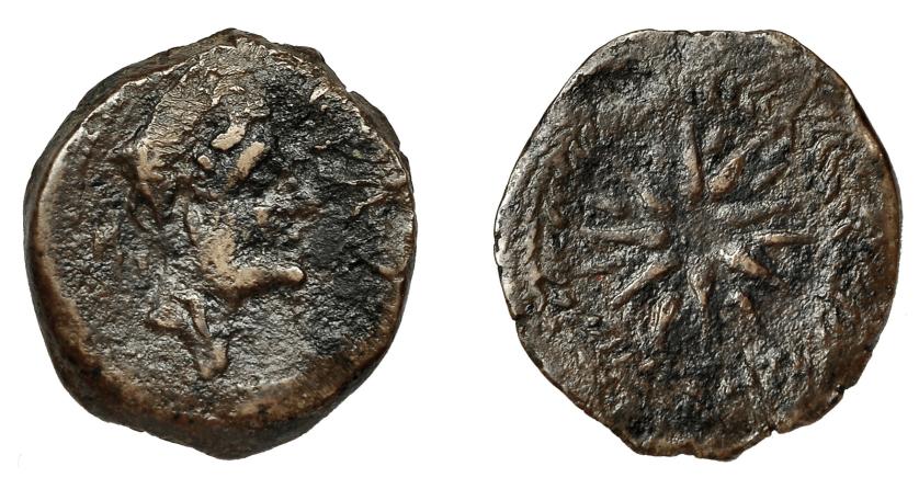 3057   -  HISPANIA ANTIGUA. MALAKA. Unidad. A/ Cabeza de Vulcano con bonete a der., detrás mlk' y tenazas. R/ Estrella de dieciséis puntas con glóbulo central. AE 6,26 g. 22,5 mm. I-1734. ACIP-803. BC+. Muy rara.