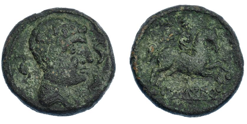 3060   -  HISPANIA ANTIGUA. ILTUKOITE. Unidad. A/ Cabeza masculina con cuello vestido a der., alrededor tres delfines. R/ Jiente con palma a der.; ILTuKoITe. AE 17,26 g. 29,3 mm.  I-1428. ACIP-1502. Pátina verde muy rugosa. MBC/MBC-.  Escasa.