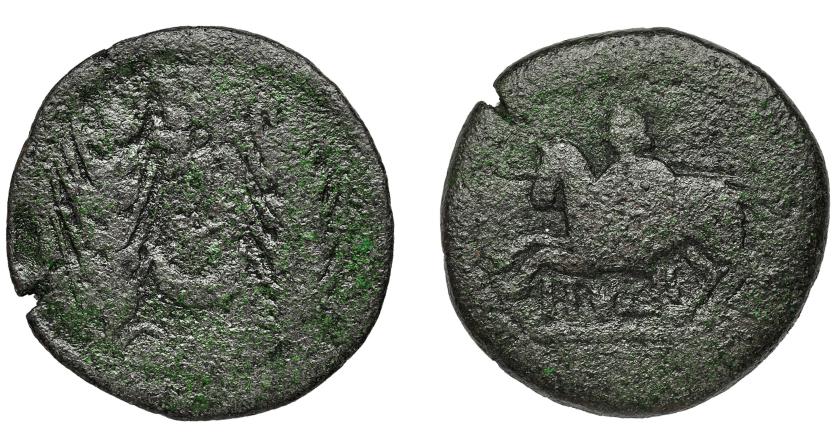 3061   -  HISPANIA ANTIGUA. ITUCI. Mitad. A/ Dos espigas, en medio estrella y creciente. R/ Jinete a izq. con casco, rodela y lanza; debajo ITVCI. AE 15,7 g. 31,5 mm. I-1599. ACIP-840. Pátina verde. BC. Rara.