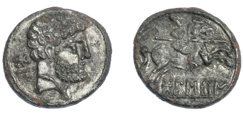 3073   -  HISPANIA ANTIGUA. BOLSKAN. Denario forrado. A/ Cabeza masculina a der., detrás signos ibéricos BoN. R/ Jinete lancero a der., debajo sobre línea BoLSKaN. AE 3,00 g. 17,7 mm. I-1917. ACIP-1417 (sim.). MBC+/MBC-.