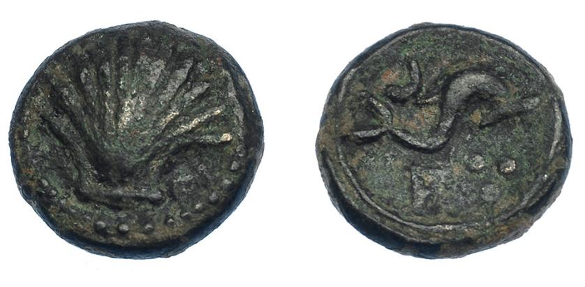 3085   -  HISPANIA ANTIGUA. ARSE-SAGUNTUM. Cuarto. A/ Venera. R/ Delfín a der., encima creciente y debajo signo ibérico A y tres glóbulos. AE 3,33 g. 14,1 mm. I-2054. ACIP-1974. MBC-.