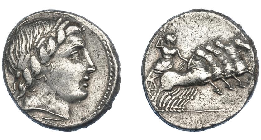 3108   -  REPÚBLICA ROMANA. EMISIONES ANÓNIMAS. Denario. Roma (86 a.C.). A/ Cabeza de Apolo a der., debajo haz de rayos. R/ Júpiter en cuadriga a der. AR 3,96 g. 18,37 mm. CRAW-350A.2. FFC-85. MBC.