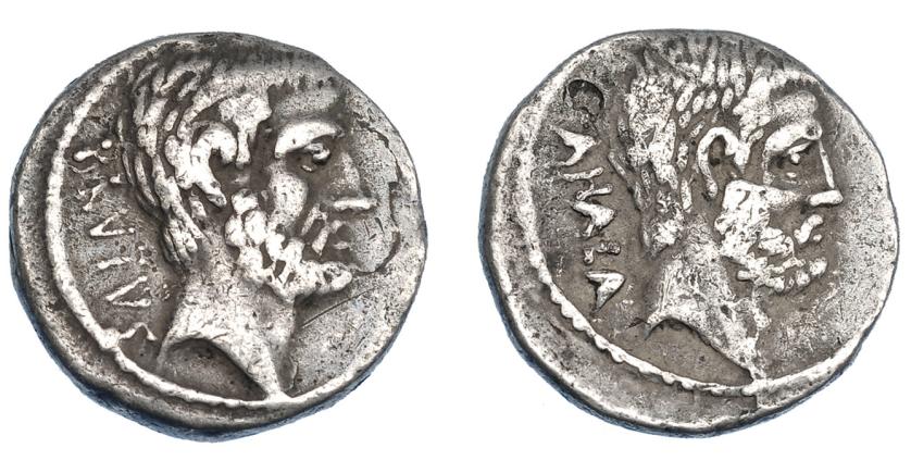 3114   -  REPÚBLICA ROMANA. JUNIA. Denario. Roma (54 a.C.). A/ Cabeza de Junio Bruto a der., detrás BRVTVS. R/ Cabeza de Servilio Ahala a der., detrás AHALA. AR 3,9 g. 17,91 mm. CRAW-433.2. FFC-792. Contramarca en anv. Defectos de cospel en rev. BC+/MBC-. 