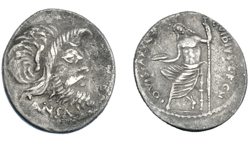 3116   -  REPÚBLICA ROMANA. VIBIA. Roma (48 a.C.). A/ Máscara de Pan a der., debajo PANSA. R/ Júpiter sentado a izq.; IOVIS AXVR C VIBIVS C F CN. AR 3,65 g. 19,18 mm. CRAW-449.1. FFC-1219. Erosiones en anv. MBC.