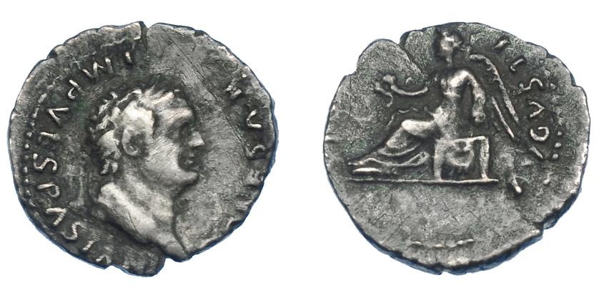 3120   -  IMPERIO ROMANO. TITO. Quinario. Roma (75 d.C.). A/ Busto laureado a der.; T CAESAR IMP VESPASIAN. R/ Victoria sentada a izq. con corona y palma; (VICTORIA) AVGVSTI. AR 1,59 g. 14,7 mm. RIC-94. Rayitas. MBC-. Rara.