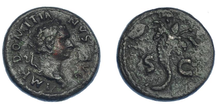 3125   -  IMPERIO ROMANO. DOMICIANO. Semis. Roma (81-82 d.C.). A/ Busto laureado a der.; IMP DOMITIANVS AVG. R/ Cornucopia, SC. AE 5,32 g. 19 mm. RIC-122. Pátina oscura rugosa. MBC-. Rara.