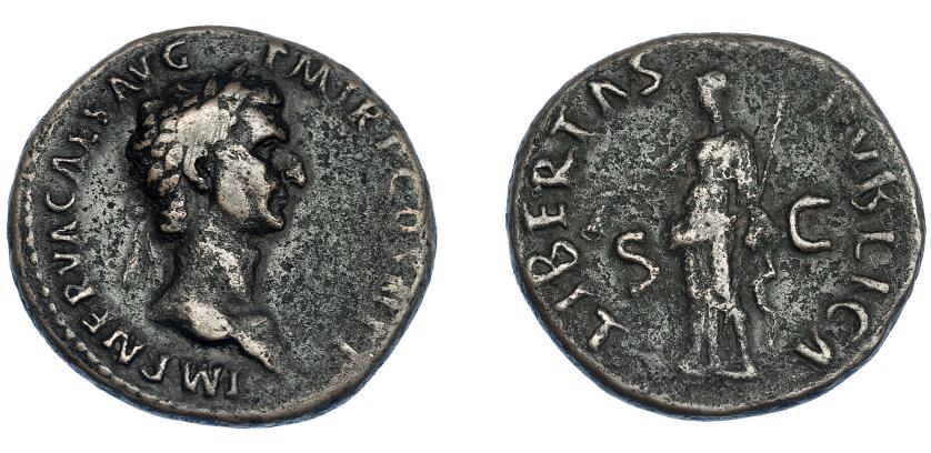 3128   -  IMPERIO ROMANO. NERVA. As. Roma (97 d.C.). A/ Cabeza laureada a der.; IMP NERVA CAES AVG P M TR P COS III P P. R/ Libertas a izq. con pileus y cetro; LIBERTAS PVBLICA, S-C. AE 10,46 g. 28 mm. RIC-86. Pátina oscura. MBC/MBC-.