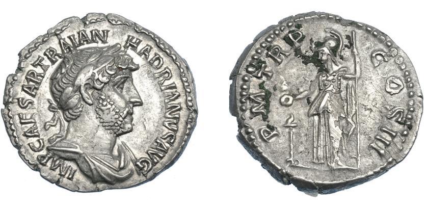 3135   -  IMPERIO ROMANO. ADRIANO. Denario. Roma (121-123). A/ Busto laureado y drapeado a der.; IMP CAESAR TRAIAN HADRIANVS AVG. R/ Minerva a izq. con lanza y pátera ofrendando sobre quemaperfumes; P M TR P COS III. Ar 3,23 g. 18,86 mm. RIC-581. Leves oxidaciones en rev. MBC+.