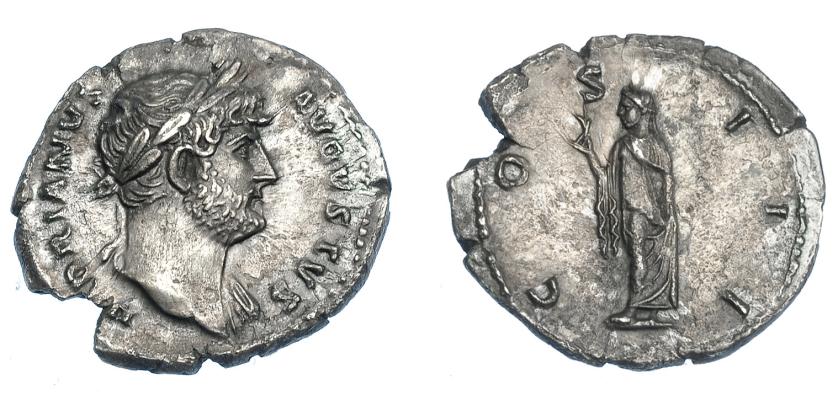 3136   -  IMPERIO ROMANO. ADRIANO. Denario. Roma (125-128). R/ Spes avanzando a izq. con flor y sujetándose el vestido; COS III. AR 2,77 g. 19,36 mm. RIC-714. Cospel abierto. Pátina gris. EBC-. Ex Vico 156, lote 3103.