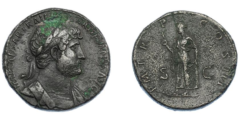 3139   -  IMPERIO ROMANO. ADRIANO. Sestercio. Roma (122-125). A/ Busto a der. laureado, con coraza y drapeado sobre el hombro izq.; IMP CAESAR TRAIAN HADRIANVS AVG. R/ Spes a izq. con flor y sujetándose el vestido; P M TR P COS III, SC. AE 26,9 g. 33,7 mm. RIC-680. Oxidación en anv. Porosidades. MBC.