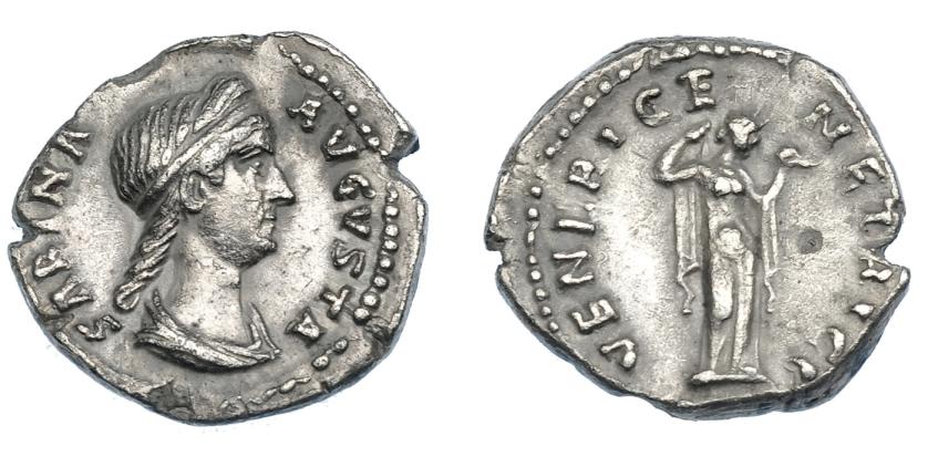 3142   -  IMPERIO ROMANO. SABINA. Denario. Roma (136-138). A/ Busto diademado y drapeado a der.; SABINA AVGVSTA. R/ Venus a der. con manzana y sujetándose el vestido; VENERI GENETRICI. AR 3,63 g. 18,01 mm. RIC-2576. Cospel abierto. Punzón en anv. MBC.