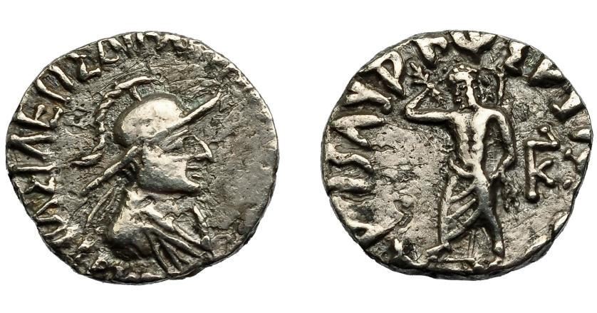 161   -  GRECIA ANTIGUA. PARTIA. Archebios (c. 75-65 a.C.). A/ Busto del rey con casco a der., alrededor ley. griega. R/ Zeus a izq. con cetro y blandiendo haz de rayos, detrás monograma, alrededor ley. karosti. AR 2,14 g. 14,8 mm. COP-330. Erosiones. MBC-.