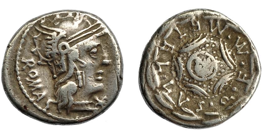 171   -  REPÚBLICA ROMANA. CAECILIA. Denario. Roma (127 a.C.). A/ ROMA externa. R/ Escudo macedonio; M METELLVS Q F. AR 4,86 g. 16,7 mm. CRAW-263.1b. FFC-206. Rayita. MBC.