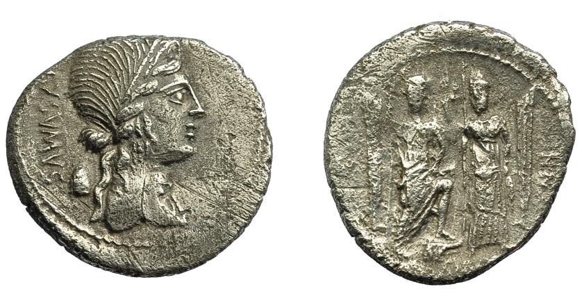 173   -  REPÚBLICA ROMANA. EGNATIA. Denario. Roma (75 a.C.). A/ Busto de Libertas, detrás pileus; MAXSVMVS. R/ Roma y Venus entre dos proas. AR 3,55 g. 17,8 mm. CRAW-381. FFC-688. Erosiones y rayas. MBC/BC+. Escasa.