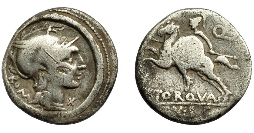 174   -  REPÚBLICA ROMANA. MANLIA. Denario. Roma (113-112 a.C.). R/ Jinete con escudo y lanza a izq.; encima Q, debajo L. TORQVA/ EX S C. AR 3,49 g. 17,8 mm. CRAW-295,1. FFC-836. Rayas. BC+.