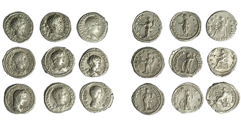 187   -  IMPERIO ROMANO. Lote de 9 denarios imperiales: Adriano, Julia Domna, Caracalla (3), Geta (2) y Septimio Severo (2). MBC-/MBC.