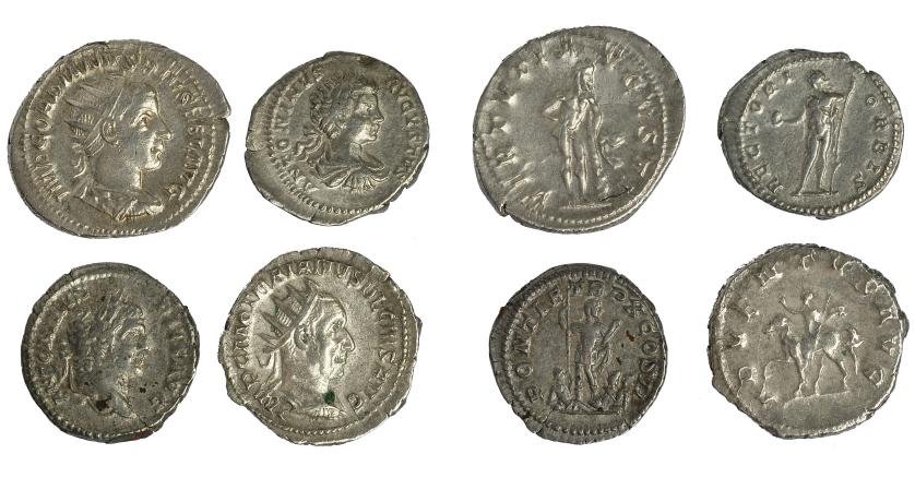 188   -  IMPERIO ROMANO. Lote de 4 piezas: 2 denarios de Caracalla (R/ RECTORI ORBIS y PONTIF TR P X COS II) y 2 antoninianos (Gordiano III y Trajano Decio. R/ VIRTVTIS AVGVSTI y ADVENTVS AVG). Calidad media MBC.