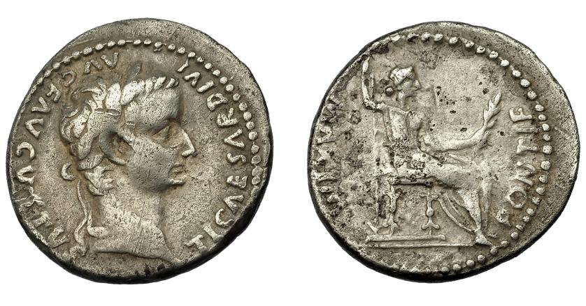 196   -  IMPERIO ROMANO. TIBERIO. Denario. Lugdunum (36-37 d.C.). A/ Busto laureado a der. R/ Livia sentada a der. en silla con patas ornamentadas y sobre línea; PONTIF MAXIM. AR 3,67 g. 18,9 mm. RIC-30. Rayita en anv. Leves oxidaciones en rev.