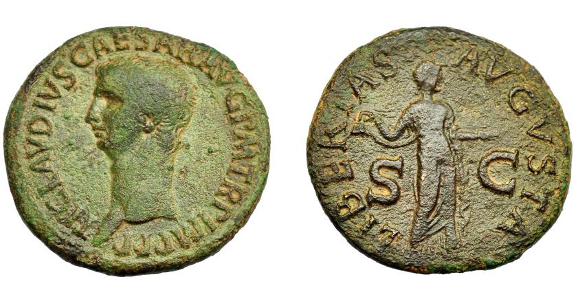 200   -  IMPERIO ROMANO. CLAUDIO I. As. Roma (50-54 d.C.). R/ Libertas con píleo y brazo extendido; LIBERTAS AVGVSTA, en campo S-C. AE 10,69 g. 29,6 mm. RIC-113. Pátina verde. MBC-.