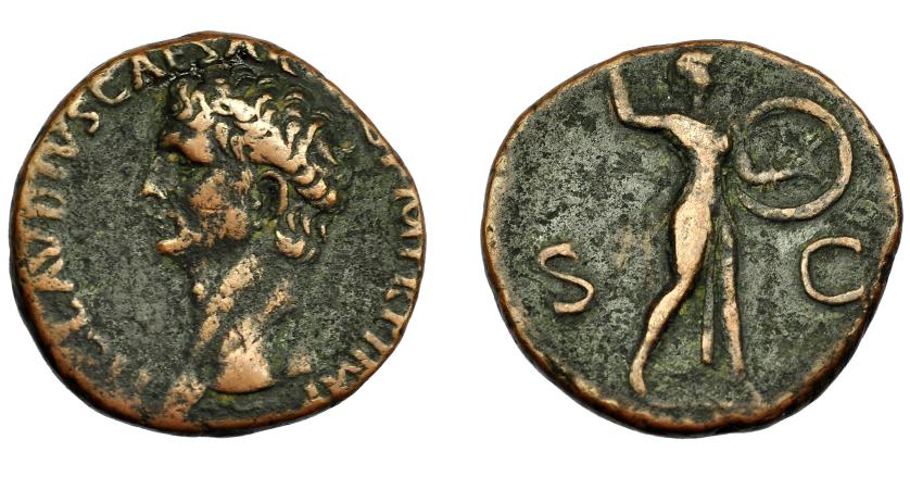 201   -  IMPERIO ROMANO. CLAUDIO I. As. Roma (50-54 d.C.). R/ Minerva a der. con escudo y jabalina, en campo S-C. AE 8,36 g. 39,9 mm. RIC-116. MBC-.
