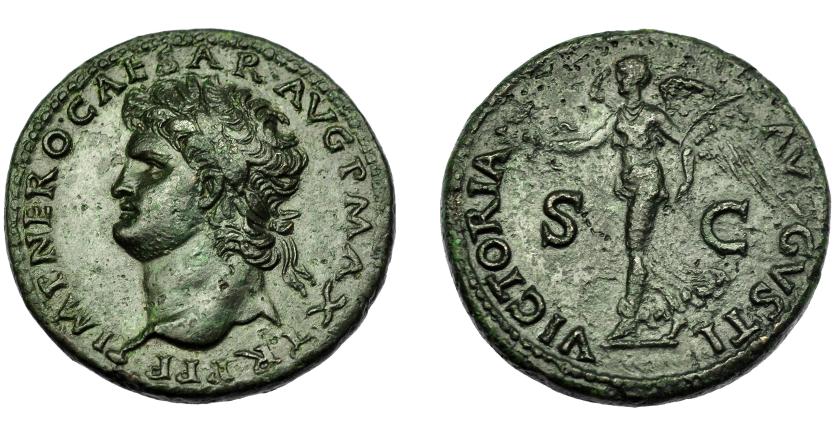 203   -  IMPERIO ROMANO. NERÓN. Dupondio. Lugdunum (62-68 d.C.). A/ Cabeza laureada a izq.; IMP NERO CAESAR AVG P MAX TR P P P. R/ Victoria avanzando a izq. con corona y palma; VICTORIA AVGVSTI, S-C. RIC-523. Pátina verde oscuro con pequeñas erosiones. EBC-/MBC.