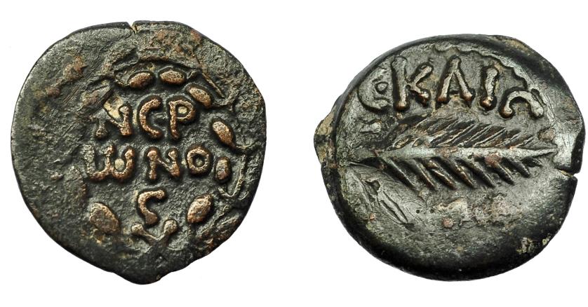 209   -  IMPERIO ROMANO. NERÓN. Jerusalén (Judea) (59 d.C.). A/ Corona rodeando NEP/WNOS. R/ Palma; LE KAIC-(AROC). RPC-4972. MBC+.