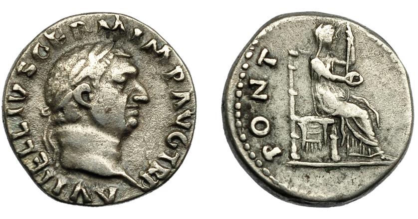 213   -  IMPERIO ROMANO. VITELIO. Denario. Roma (69 d.C.). A/ Cabeza laureada a der.; A VITELLIVS GERM IMP AVG TR P. R/ Vesta entronizada a der. con cetro y pátera; PONT-(MA)XIM. AR 3,31 g. 16,7 mm. RIC-107. MBC/MBC-.