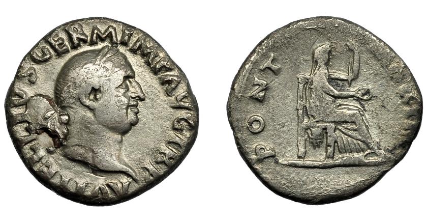 214   -  IMPERIO ROMANO. VITELIO. Denario. Roma (69 d.C.). A/ Cabeza laureada a der.; A VITELLIVS GERM IMP AVG TR P. R/ Vesta entronizada a der. con cetro y pátera; PONT-(MA)XIM. AR 2,45 g. 17,5 mm. RIC-107. Hoja en anv. MBC-.