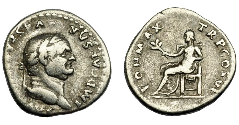 216   -  IMPERIO ROMANO. VESPASIANO. Denario. Roma (75 d.C.). R/ Pax sentada a izq.; PON MAX TR P COS VI. AR 3,2 g. 19,2 mm. RIC-772. BC+/MBC-.
