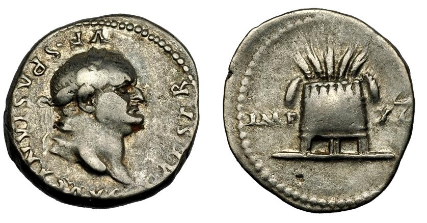 217   -  IMPERIO ROMANO. VESPASIANO. Denario. Roma (77-78 d.C.). R/ Modio con espigas. AR 3,45 g. 18,6 mm. RIC-980. MBC-/MBC.