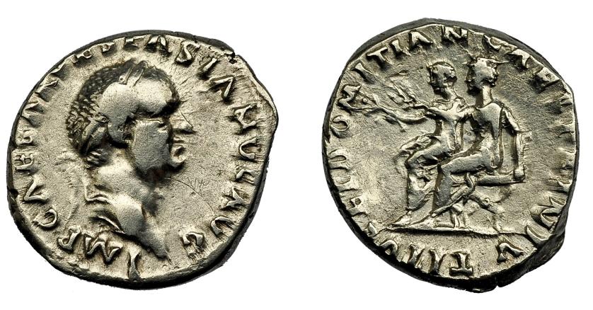 218   -  IMPERIO ROMANO. VESPASIANO. Denario. Ceca incierta (69-70 d.C.). R/ Tito y Domiciano sentados a izq.; TITVS ER DOMITIANVS PRIN IV. AR 3,4 g. 17 mm. RIC-1363. Ligeramente abrillantada. MBC-.