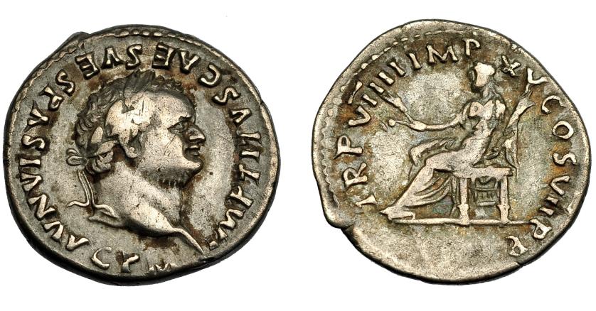 221   -  IMPERIO ROMANO. TITO. Denario. Roma (79 d.C.). A/ Cabeza laureada a der.; IMP TITVS CAES VESPASIAN AVG P M. R/ Ceres sentada a izq. con espigas y antorcha; TR P VIIII IMP XV COS VII P P. AR 3,16 g. 32,8 mm. RIC-41. MBC-.