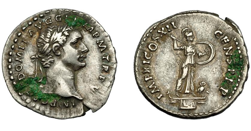 224   -  IMPERIO ROMANO. DOMICIANO. Denario. Roma (86 d.C.). A/ Cabeza laureada a der.; IMP CAES DOMIT AVG GERM P M TR P V. R/ Minerva sobre columna rostral a der. con escudo y jabalina, delante lechuza; IMP XI COS XII CENS P P. AR 3,45 g. 34,6 mm. RIC-427. Oxidaciones. Cospel abierto. MBC+.