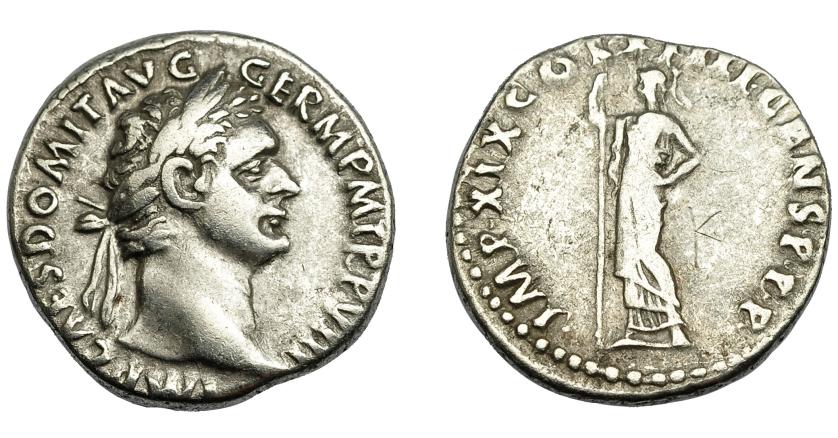 228   -  IMPERIO ROMANO. DOMICIANO. Denario. Roma (89 d.C.). A/ Cabeza laureada a der.; IMP CAES DOMIT AVG GERM P M TR P VIII. R/ R/ Minerva a izq. con cetro; IMP XIX COS XIIII CENS P P P. AR 3,58 g. 17,8 mm. RIC 670. Grafito en rev. MBC/MBC-.