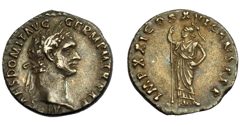 229   -  IMPERIO ROMANO. DOMICIANO. Denario. Roma (92 d.C.). A/ Cabeza laureada a der.; IMP CAES DOMIT AVG GERM P M TR P XI. R/ Minerva con lanza a izq.; IMP XXI COS XVI CENS P P P. AR 3,37 g. 32,3 mm. RIC-733. MBC+.